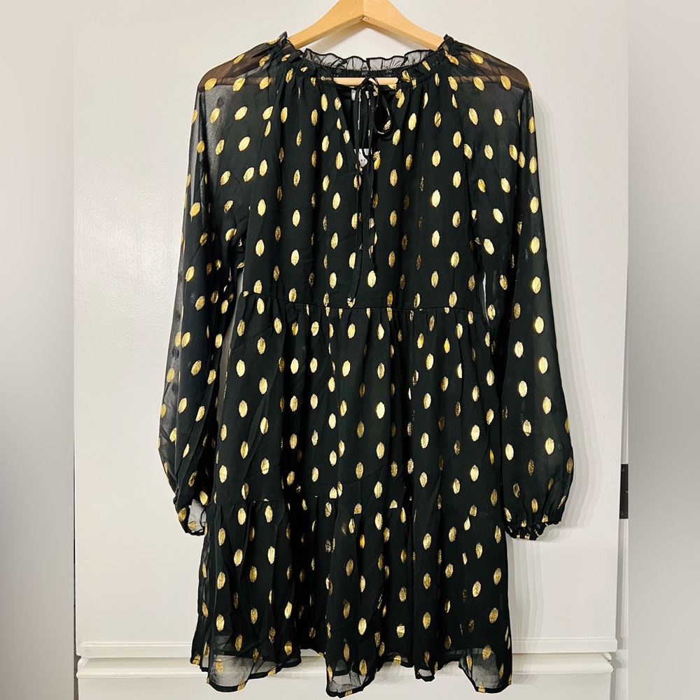 NEW Kirundo Women's Long Sleeve V Neck Ruffle Polka Dot Swing Dress Black Gold S